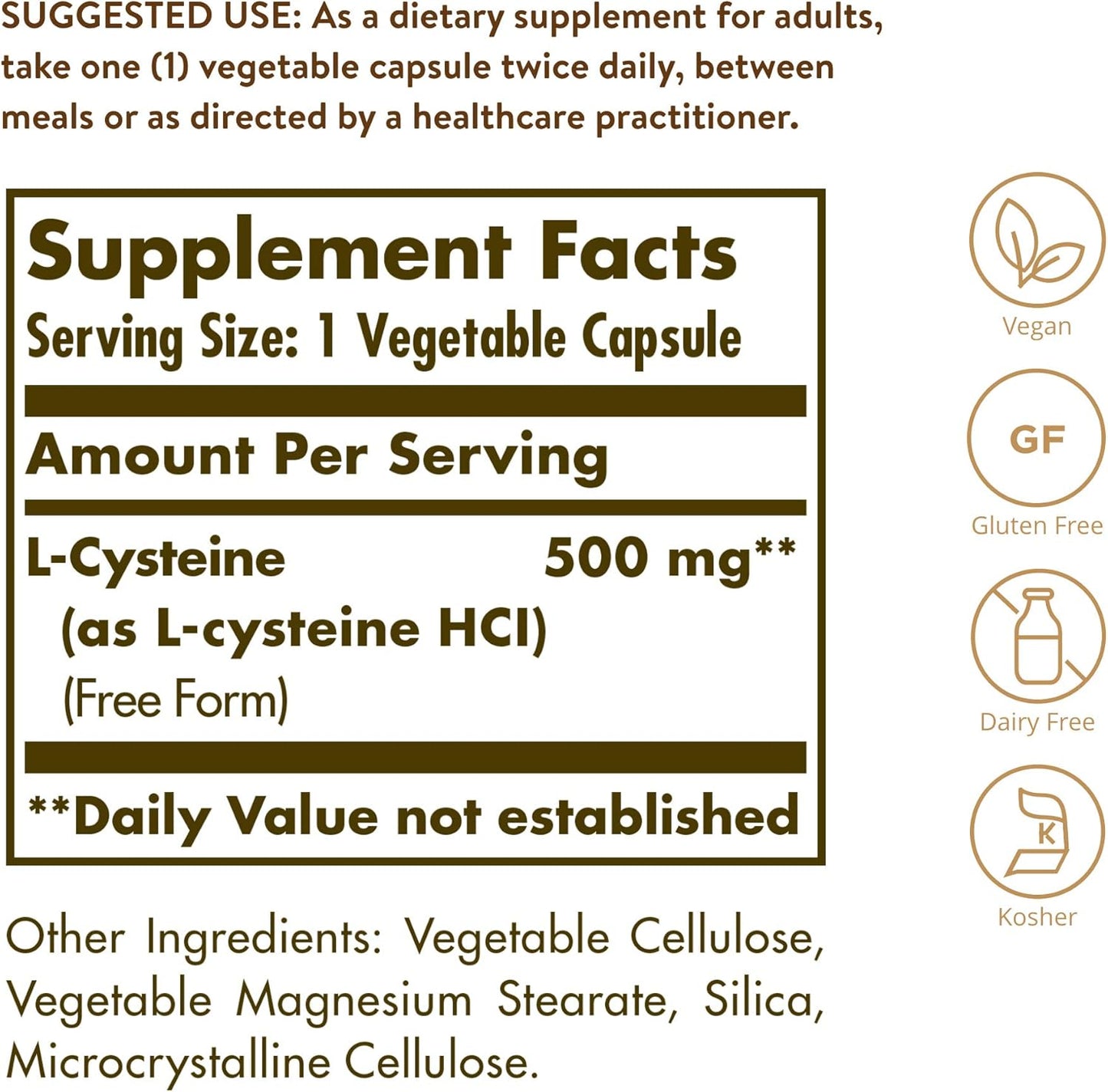 Solgar L-Cysteine 500 mg Capsules - Amino Acid for Skin, Hair & Nails - Glutathione & Keratin Support - Vegan & Gluten Free - 90 Servings