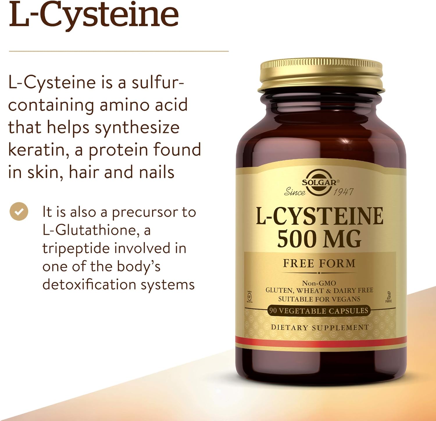 Solgar L-Cysteine 500 mg Capsules - Amino Acid for Skin, Hair & Nails - Glutathione & Keratin Support - Vegan & Gluten Free - 90 Servings