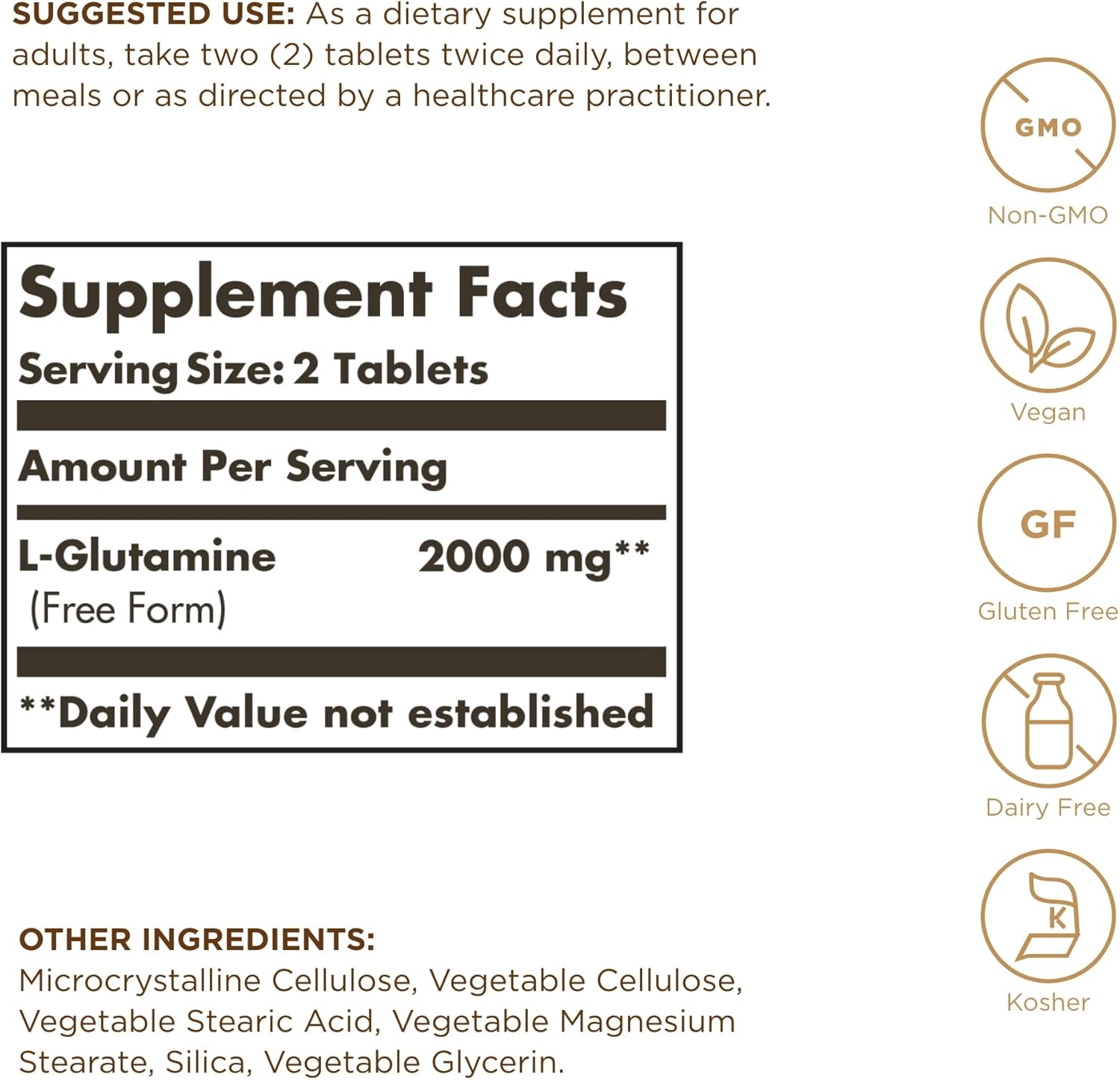 Solgar L-Glutamine 1000mg Tablets - Non-GMO, Vegan, Gluten-Free, Kosher - 120 Servings