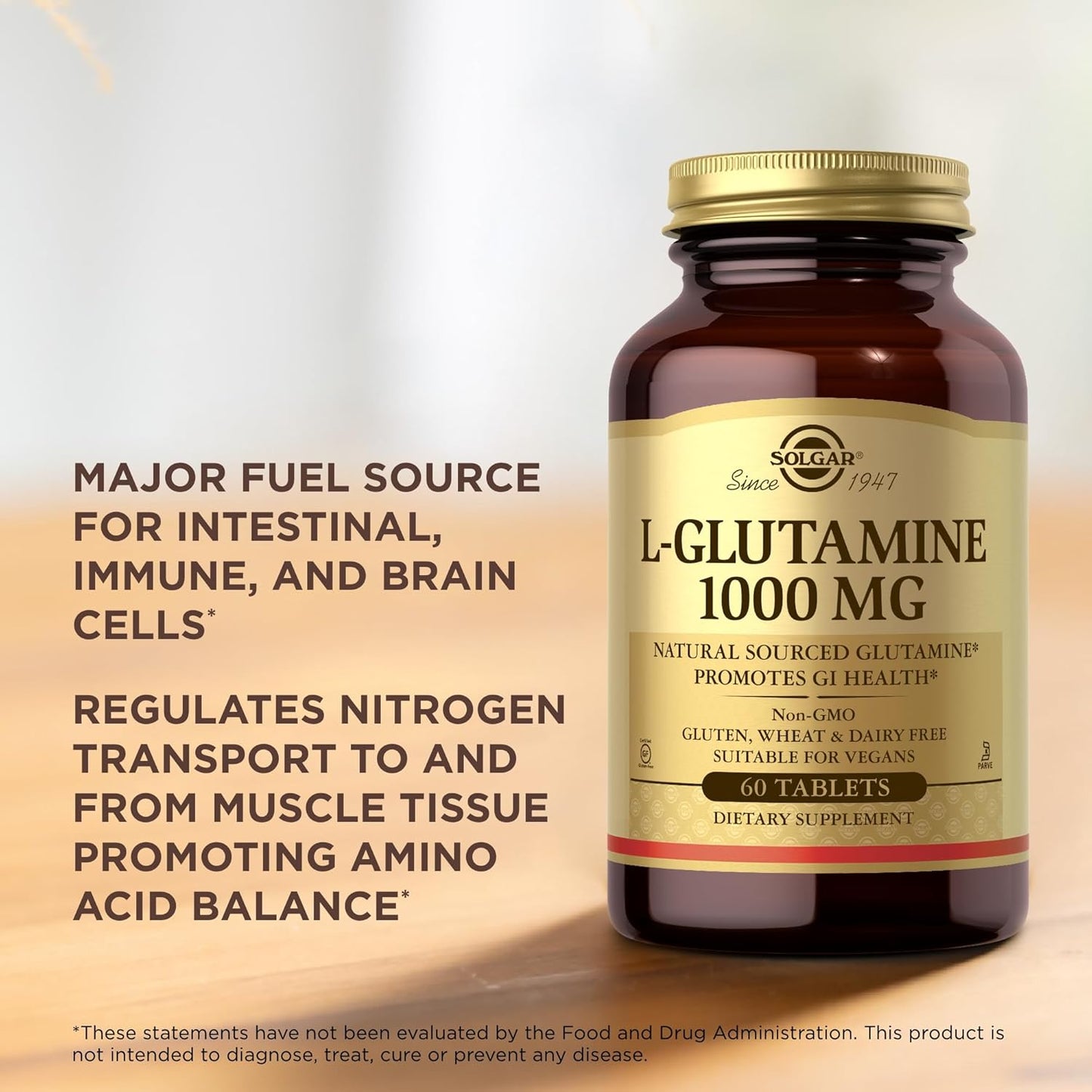 Solgar L-Glutamine 1000mg Tablets - Non-GMO, Vegan, Gluten-Free, Kosher - 120 Servings