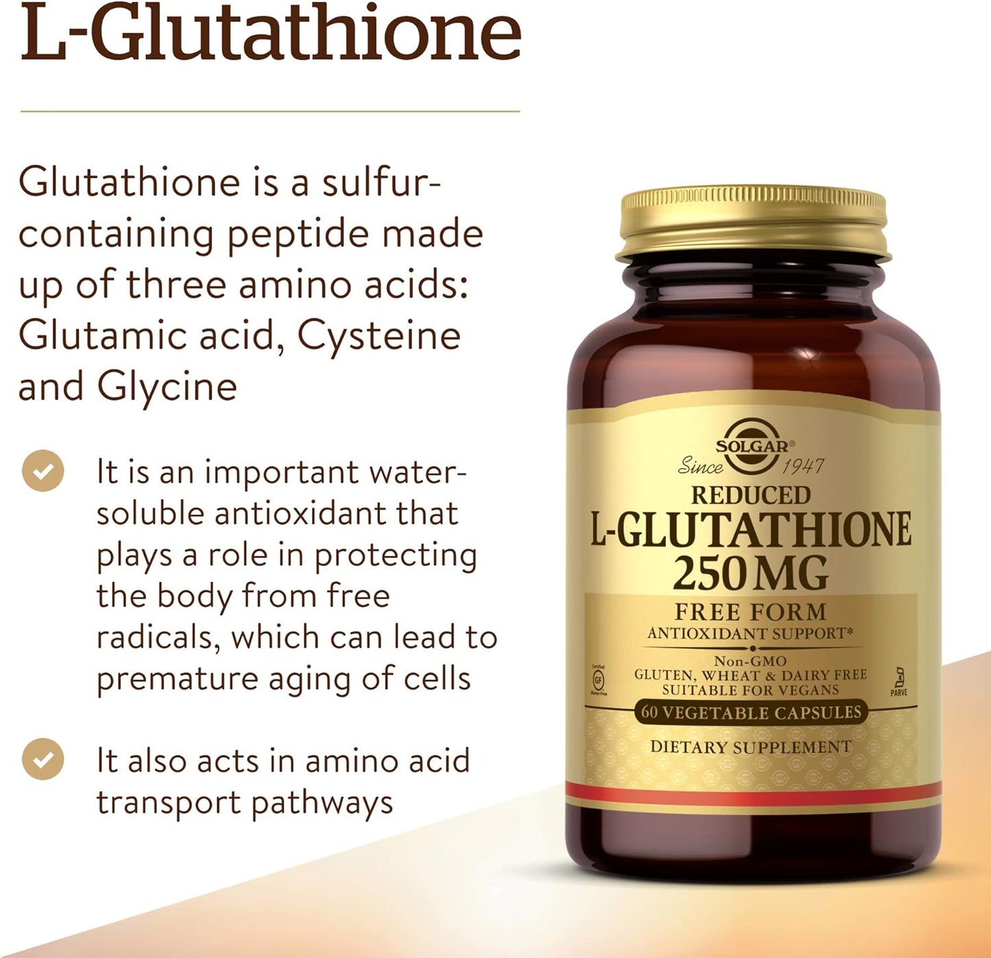 Solgar L-Glutathione 250 mg Capsules - Antioxidant Support - Free Form Amino Acids - Non-GMO, Vegan, Gluten Free - 60 Servings