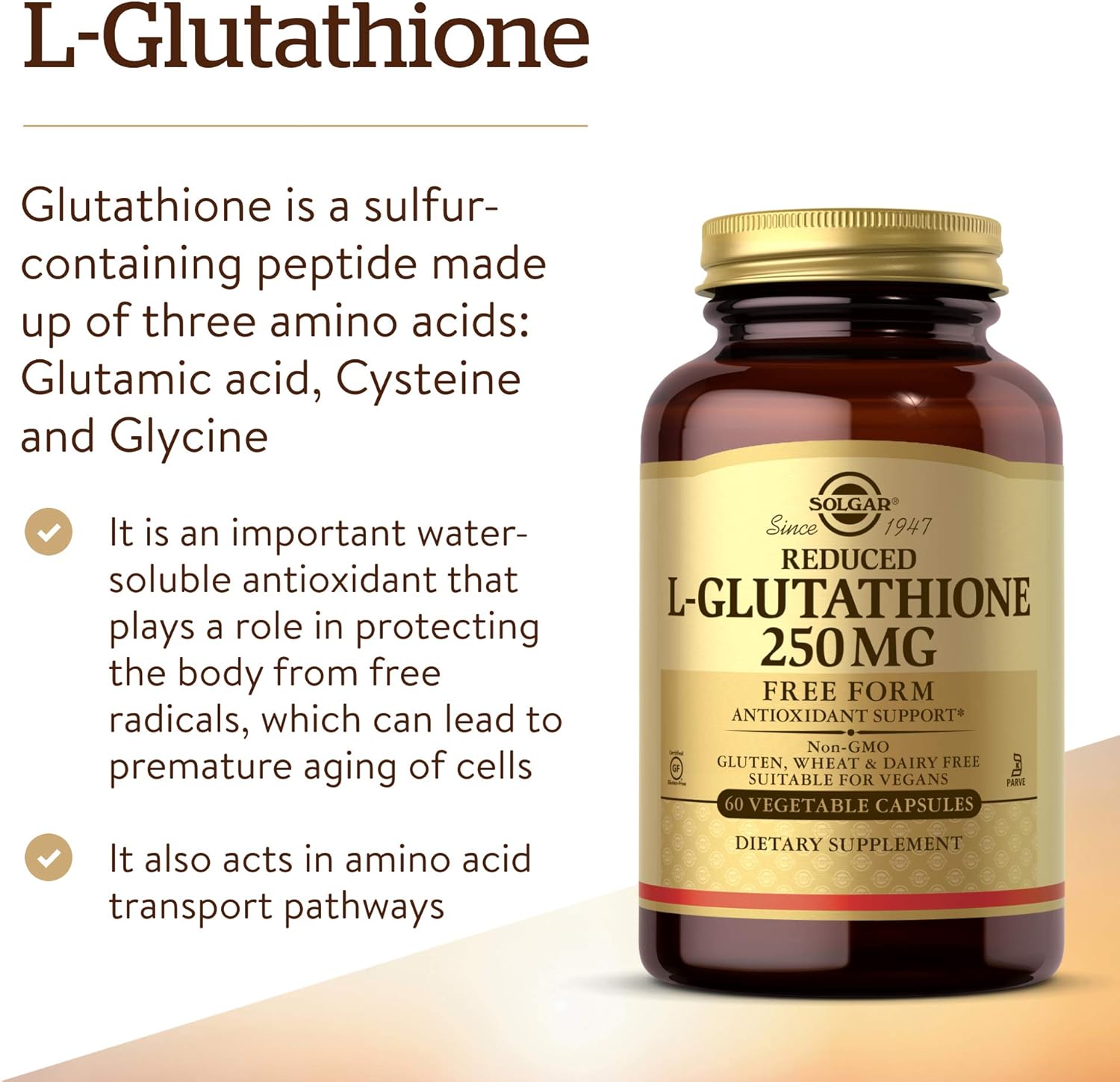 Solgar L-Glutathione 250 mg Capsules - Antioxidant Support - Free Form Amino Acids - Non-GMO, Vegan, Gluten Free - 60 Servings