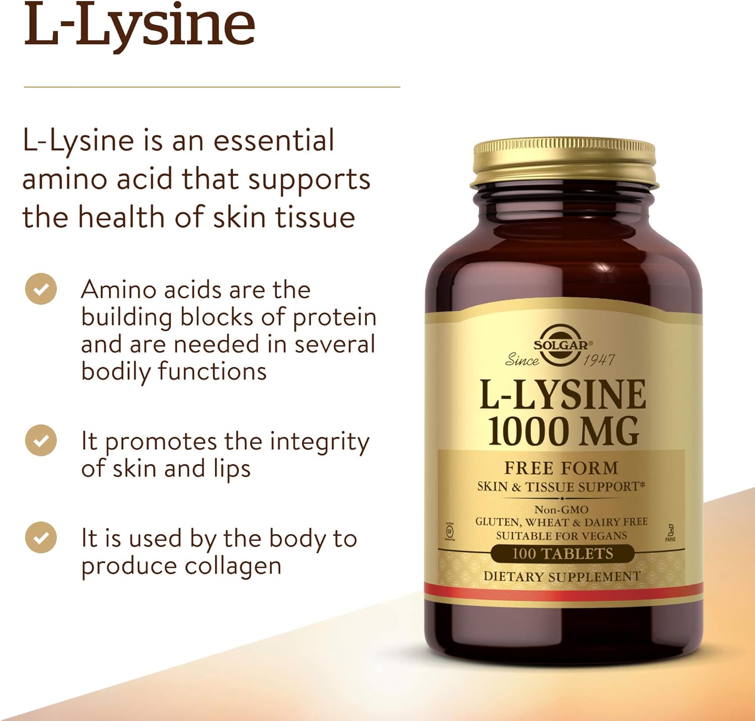 Solgar L-Lysine 1000mg Tablets for Skin & Lips - Supports Collagen & Amino Acids - Enhanced Absorption - Non-GMO, Vegan, Gluten-Free - 100 Servings - BoostGo Australia
