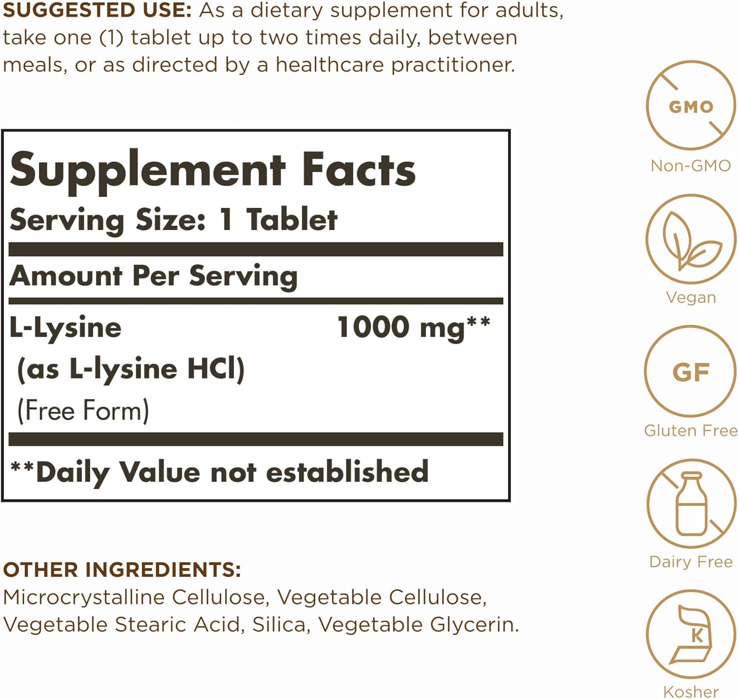 Solgar L-Lysine 1000mg Tablets for Skin & Tissue Support - Non-GMO, Vegan, Kosher, Gluten Free - 250 Servings - BoostGo Australia