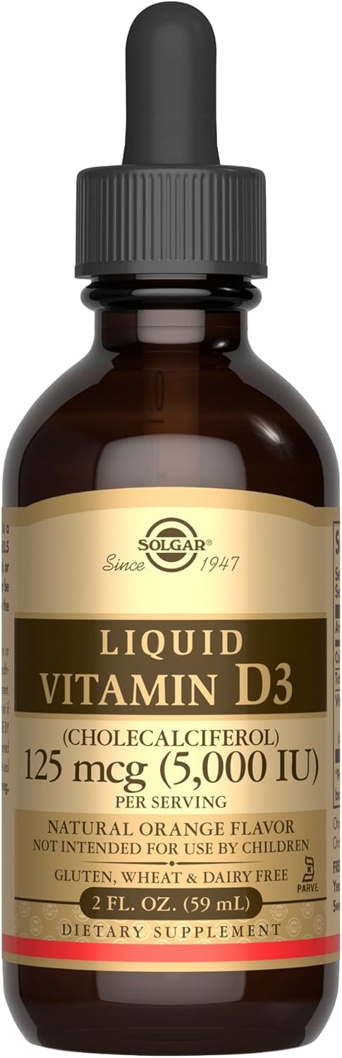 Solgar Liquid Vitamin D3 125 mcg (5,000 IU), Orange Flavor - Bone & Teeth Health, Immune Support - Gluten & Dairy Free - 59 Servings