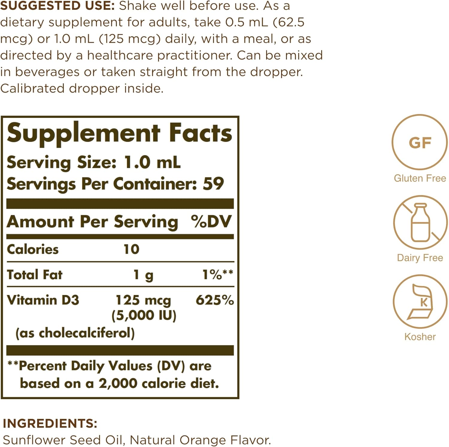 Solgar Liquid Vitamin D3 125 mcg (5,000 IU), Orange Flavor - Bone & Teeth Health, Immune Support - Gluten & Dairy Free - 59 Servings