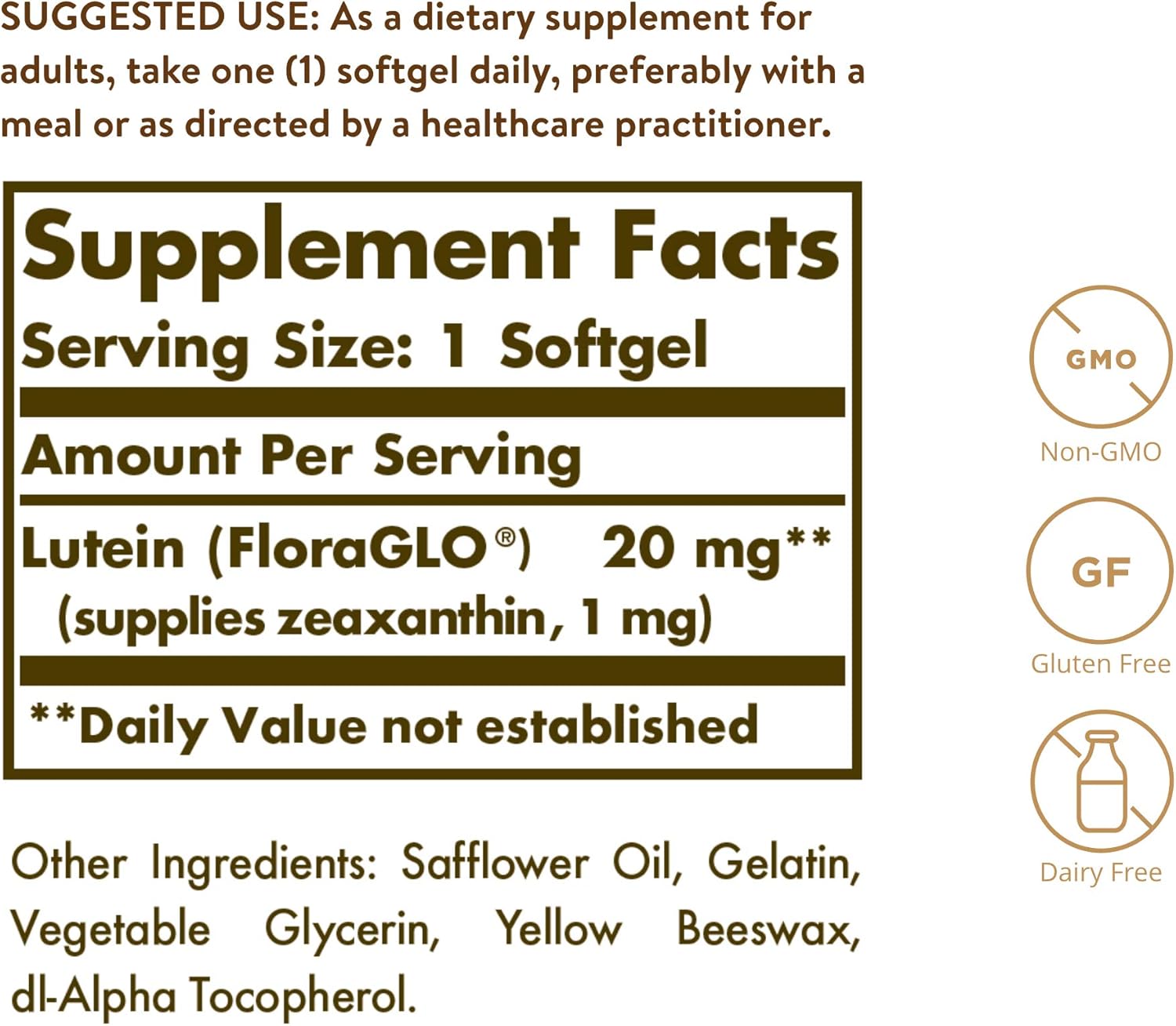 Solgar Lutein Softgels 20mg, 60 Count - Promotes Eye Health, Blue-Light Protection - FloraGLO Lutein Formula - Non-GMO, Gluten Free, Dairy Free - 60 Servings