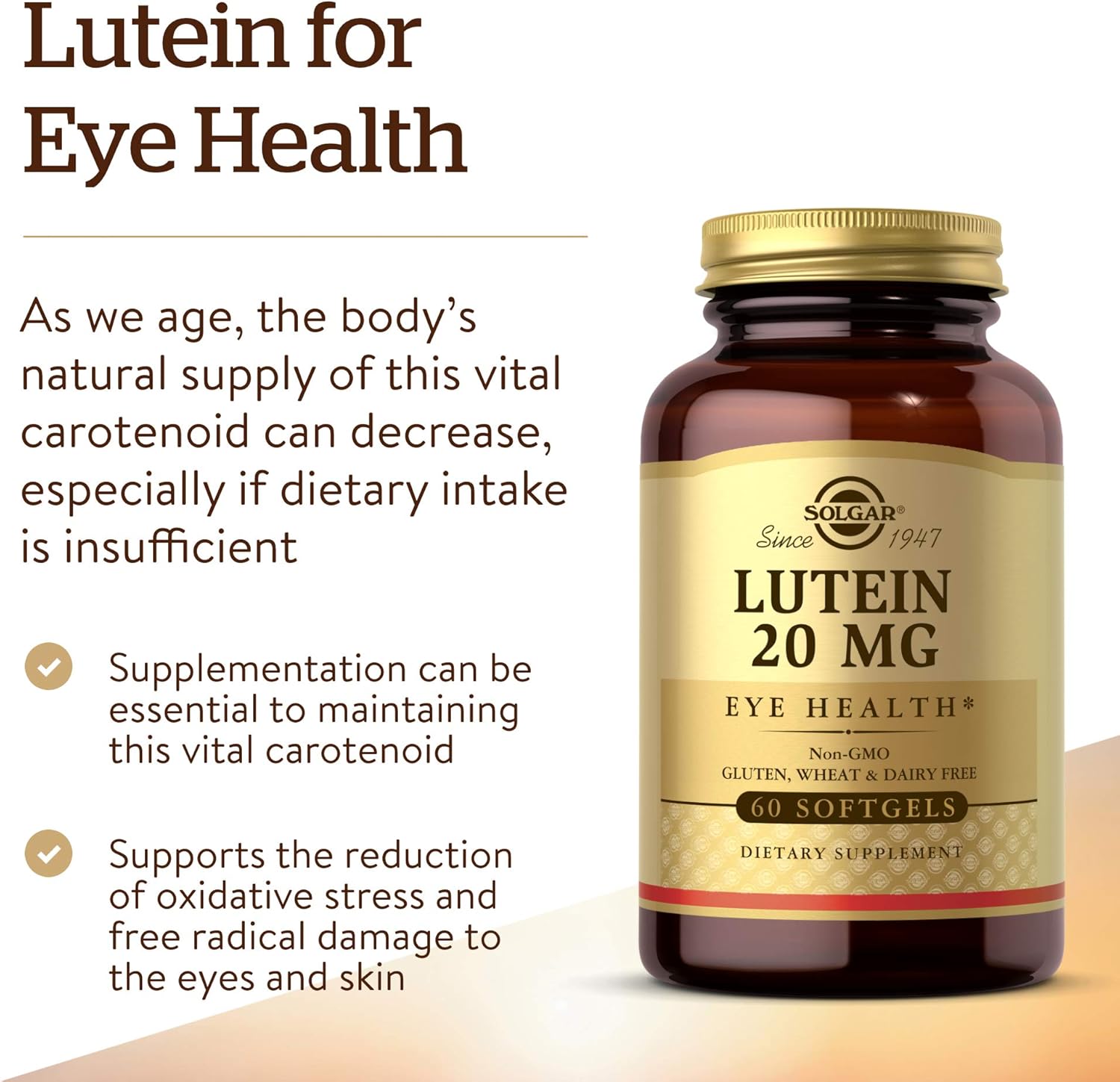 Solgar Lutein Softgels 20mg, 60 Count - Promotes Eye Health, Blue-Light Protection - FloraGLO Lutein Formula - Non-GMO, Gluten Free, Dairy Free - 60 Servings