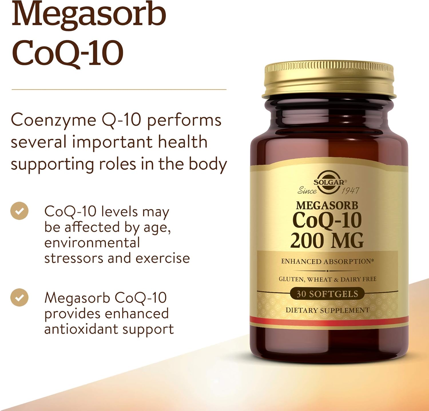 Solgar Megasorb Coenzyme Q10 200 mg Softgels - Heart & Brain Support - Enhanced Absorption - Gluten & Dairy Free - 30 Servings