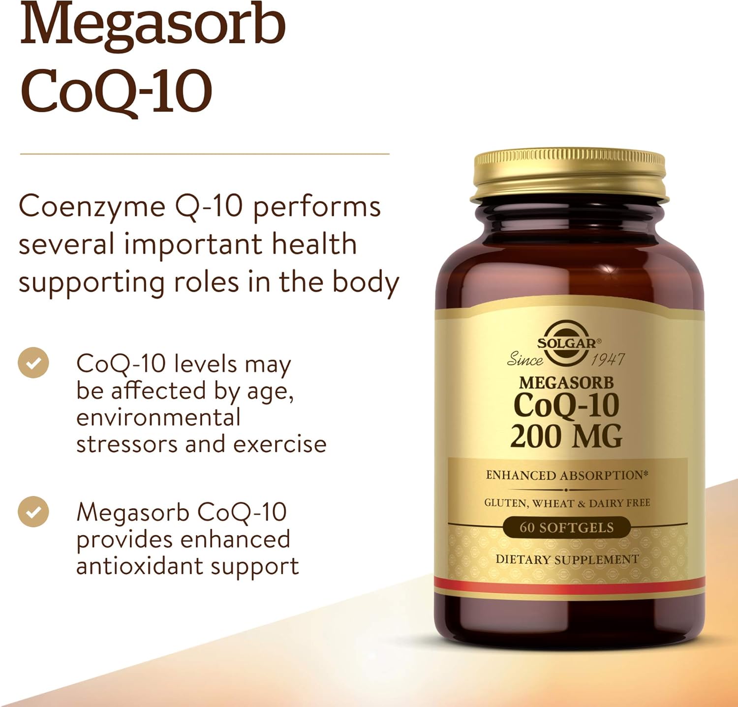 Solgar Megasorb CoQ-10 200 mg Softgels - Heart & Brain Support - Coenzyme Q10 Supplement - Enhanced Absorption - Gluten & Dairy Free - 60 Servings