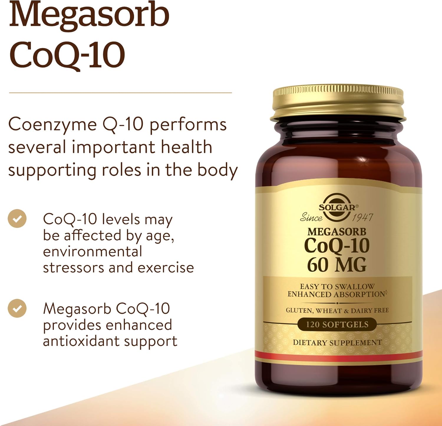 Solgar Megasorb CoQ-10 60 mg Softgels - Heart & Brain Health Support - Coenzyme Q10 Supplement - Easy Absorption - Gluten & Dairy Free - 120 Servings