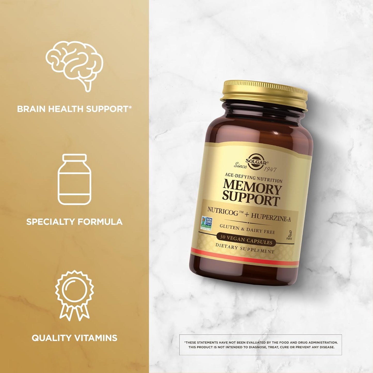 Solgar Memory Support Supplement with Nutricog™, Huperzine-A, Vitamin D - Vegan, Dairy & Gluten Free - 30 Servings