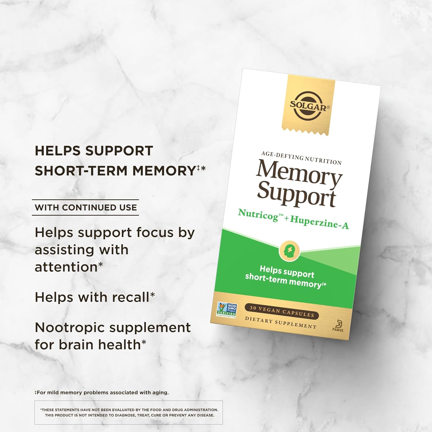 Solgar Memory Support Supplement with Nutricog™, Huperzine-A, Vitamin D - Vegan, Dairy & Gluten Free - 30 Servings