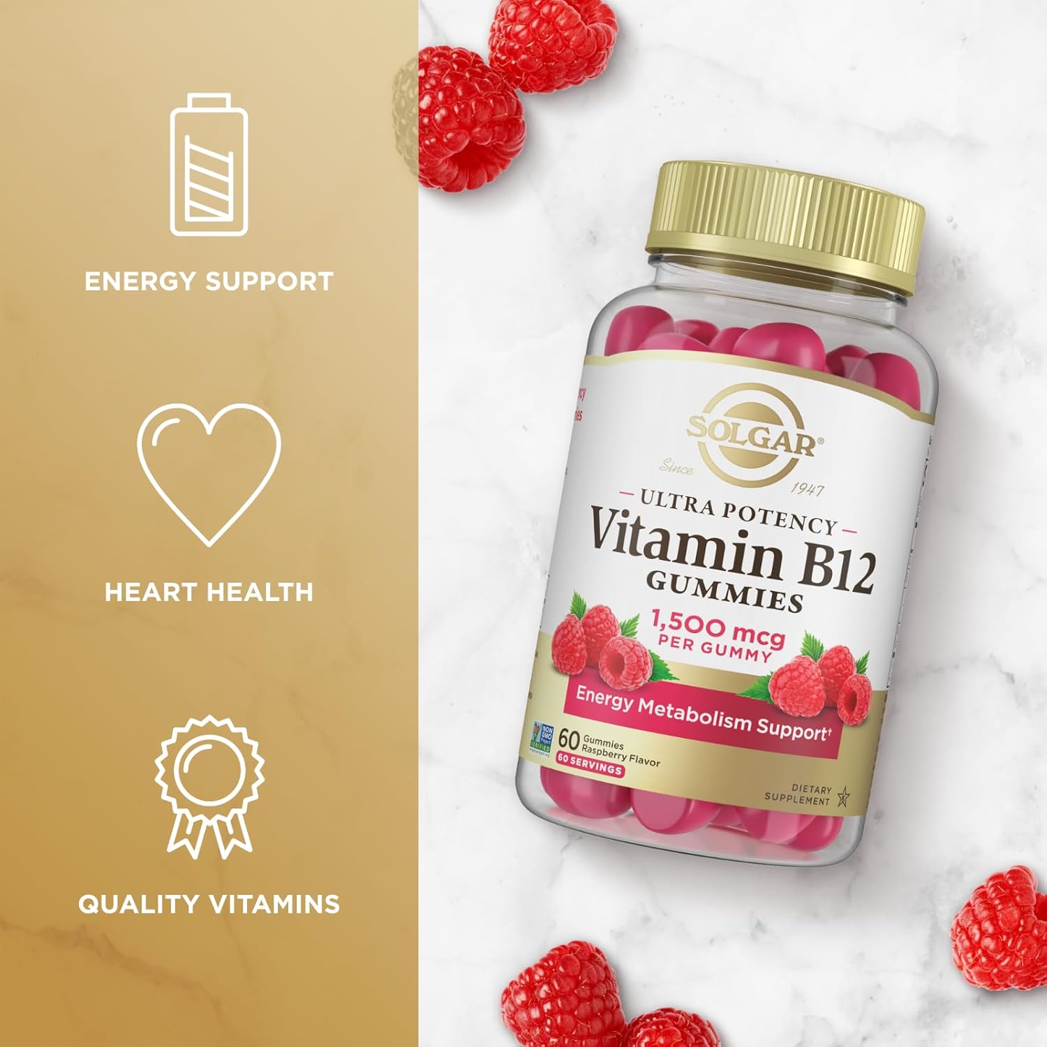 Solgar Methyl B12 Gummies 1,500mcg Ultra Potency for Energy & Metabolism, Raspberry Flavor, Vegan & Gluten Free, 2 Month Supply