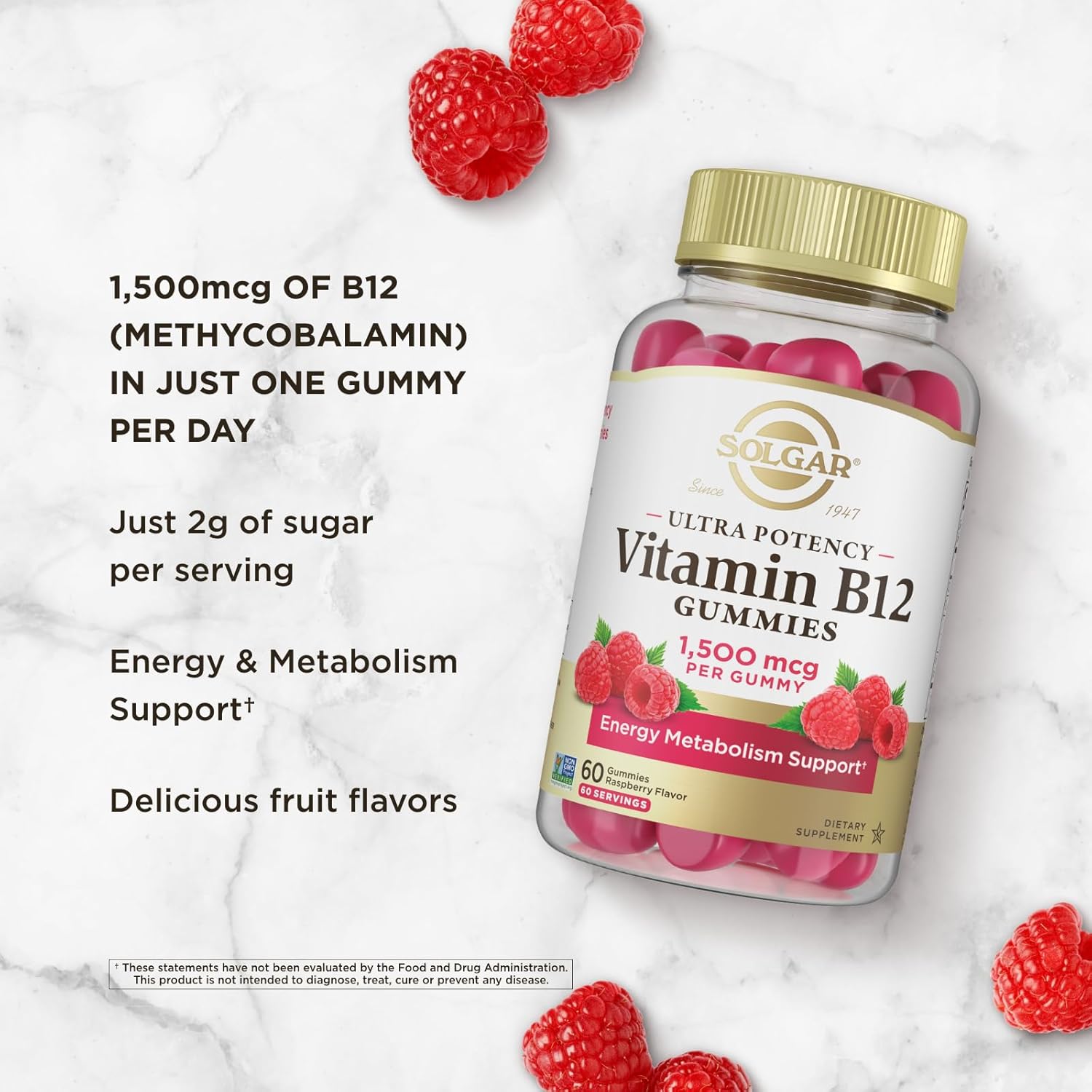 Solgar Methyl B12 Gummies 1,500mcg Ultra Potency for Energy & Metabolism, Raspberry Flavor, Vegan & Gluten Free, 2 Month Supply