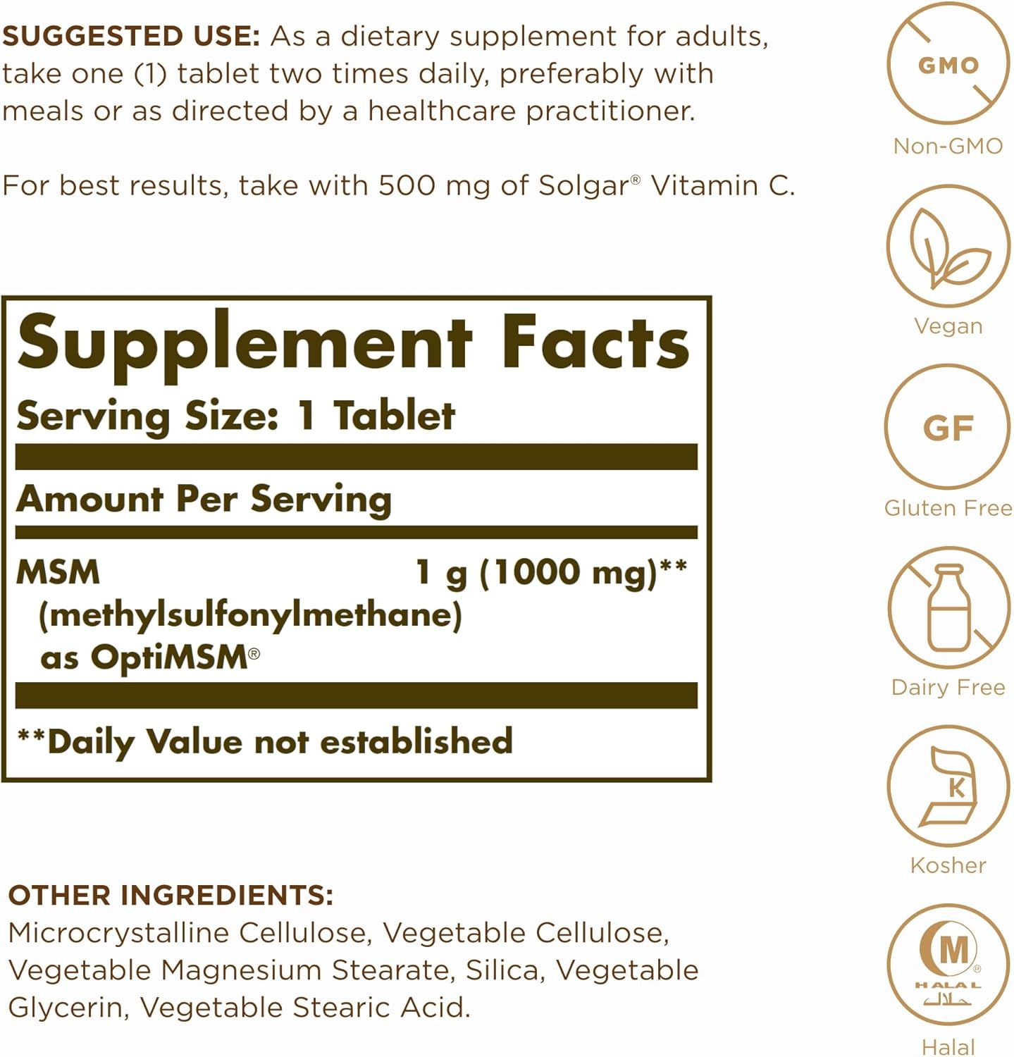 Solgar MSM 1000mg Tablets - 240 Servings, Joint & Connective Tissue Support - Non-GMO, Vegan, Gluten-Free, Dairy-Free, Kosher, Halal - Pack of 2