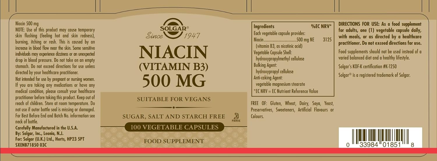 Solgar Niacin 500mg Dietary Supplement - 100 Tablets