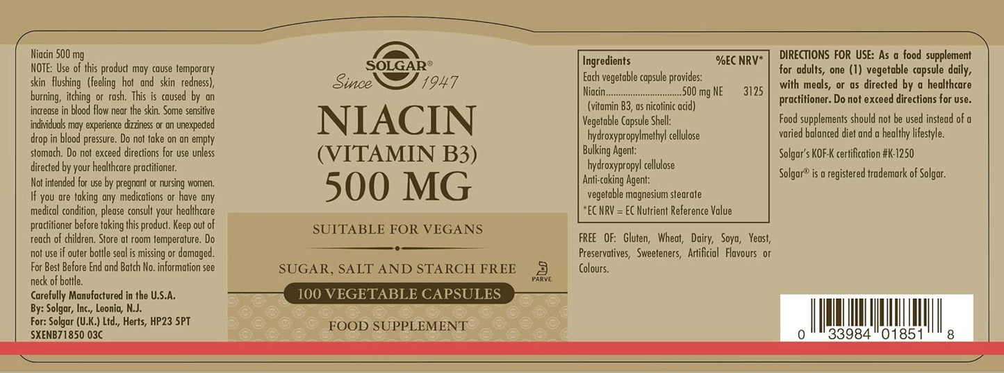 Solgar Niacin 500mg Dietary Supplement - 100 Tablets