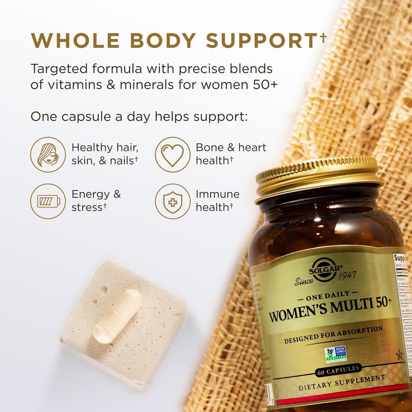Solgar One Daily Women's Multi 50+ - Whole Body Support for Women Over 50 - Heart, Bone, Breast Health - Energy, Stress Relief - Hair Skin Nails - 60 Vegan Capsules