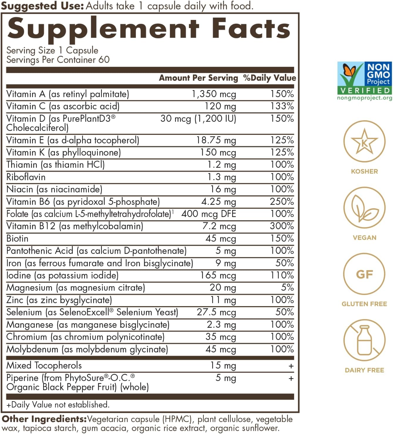 Solgar One Daily Women's Multi Whole Body Support Vitamin - Immune, Heart, Energy, Stress, Hair Skin Nails & Reproductive Health - 60 Servings