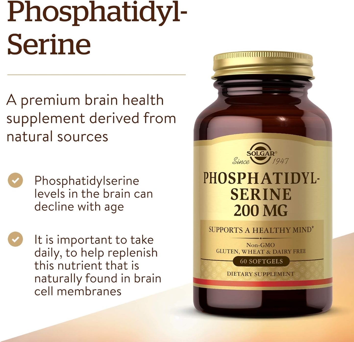 Solgar Phosphatidyl-Serine Softgels - 200mg Brain Health Supplement - Supports Cognitive Function - Gluten & Dairy Free - 60 Servings