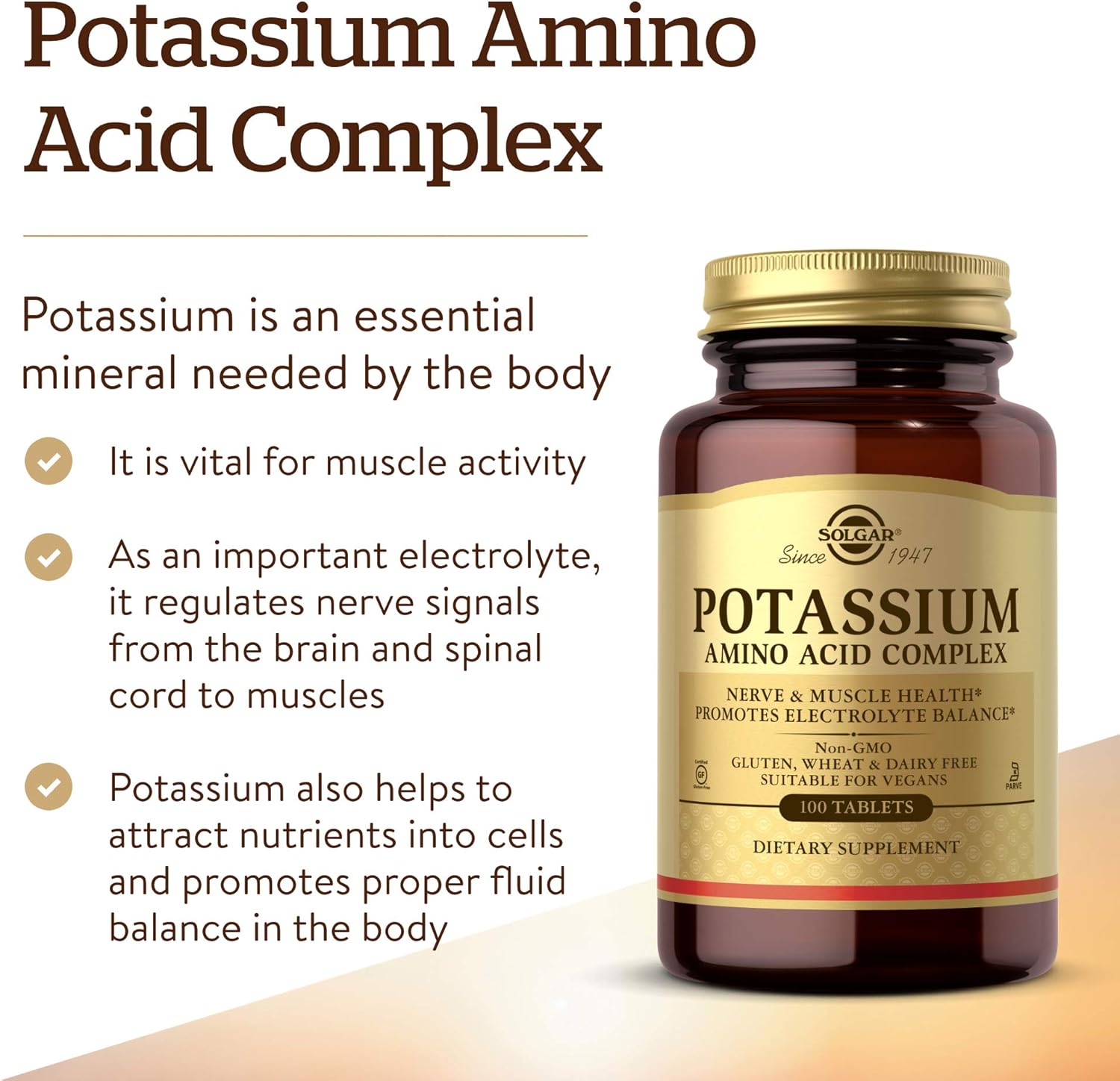 Solgar Potassium Amino Acid Complex Tablets - Supports Nerve & Muscle Health, Electrolyte Balance - Non-GMO, Vegan, Gluten Free - 100 Servings
