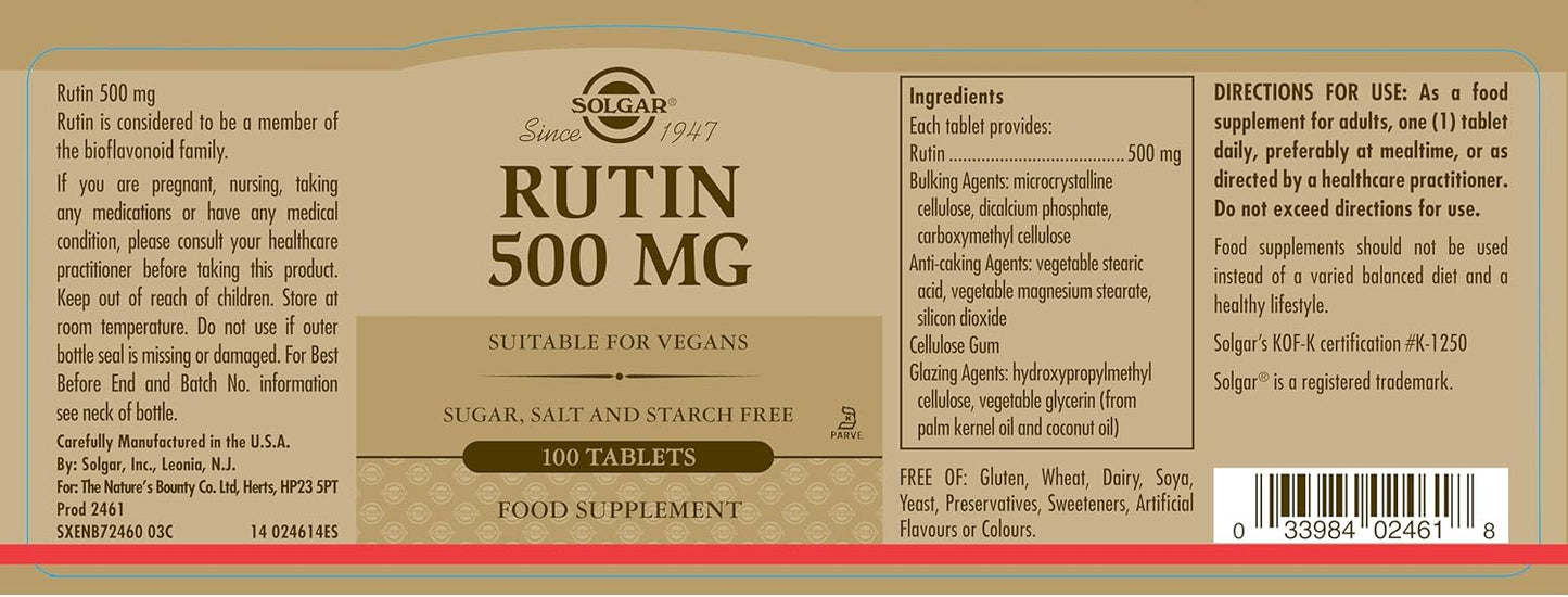 Solgar Rutin 500 mg Tablets - Antioxidant Bioflavonoid Supplement - Vegan, Gluten-Free, Dairy-Free, Kosher - 100 Servings