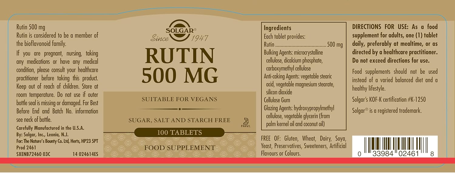 Solgar Rutin 500 mg Tablets - Antioxidant Bioflavonoid Supplement - Vegan, Gluten-Free, Dairy-Free, Kosher - 100 Servings