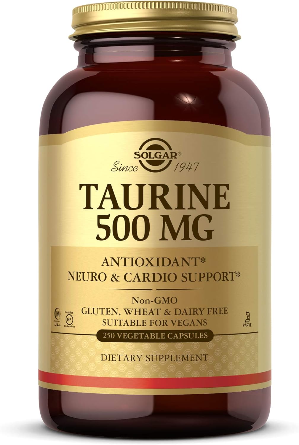 Solgar Taurine 500 mg Capsules - Antioxidant for Brain & Heart Health - Vegan, Gluten Free, Dairy Free - 250 Servings