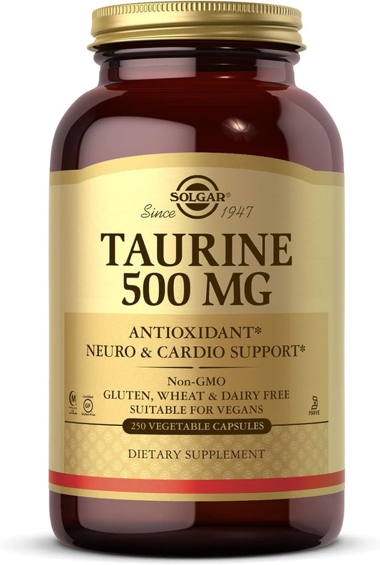 Solgar Taurine 500 mg Capsules - Antioxidant for Brain & Heart Health - Vegan, Gluten Free, Dairy Free - 250 Servings