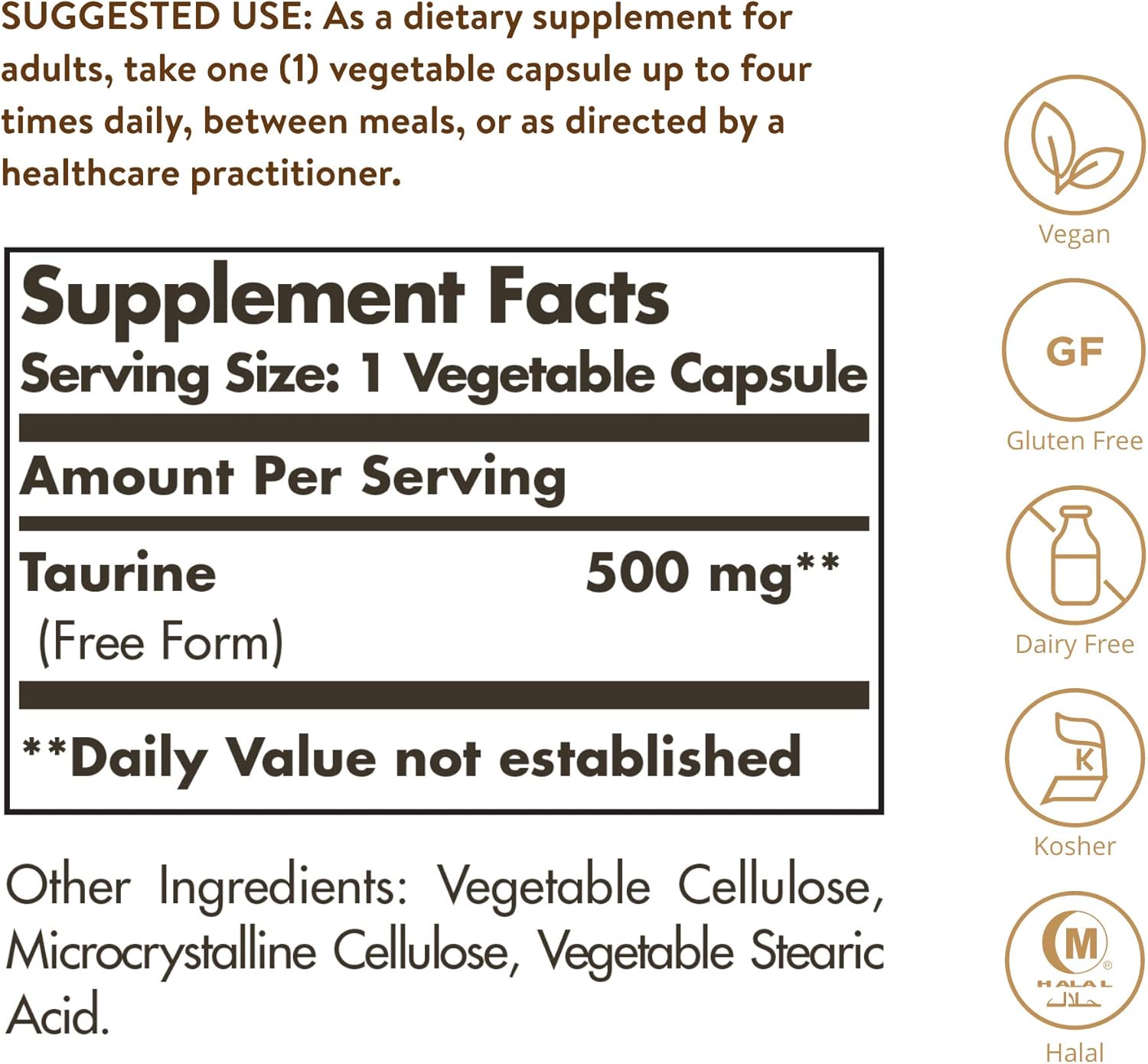 Solgar Taurine 500mg - 100 Vegetarian Capsules for Heart and Eye Health