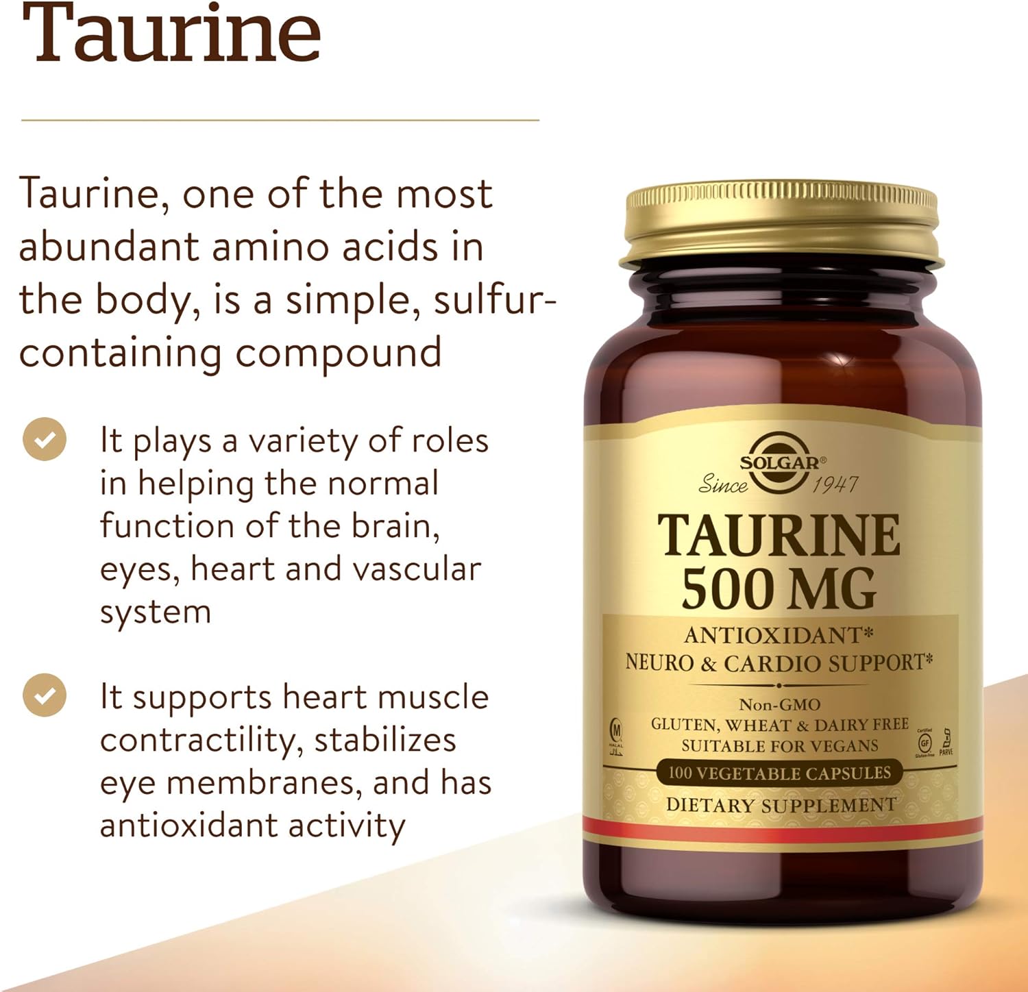 Solgar Taurine 500mg - 100 Vegetarian Capsules for Heart and Eye Health