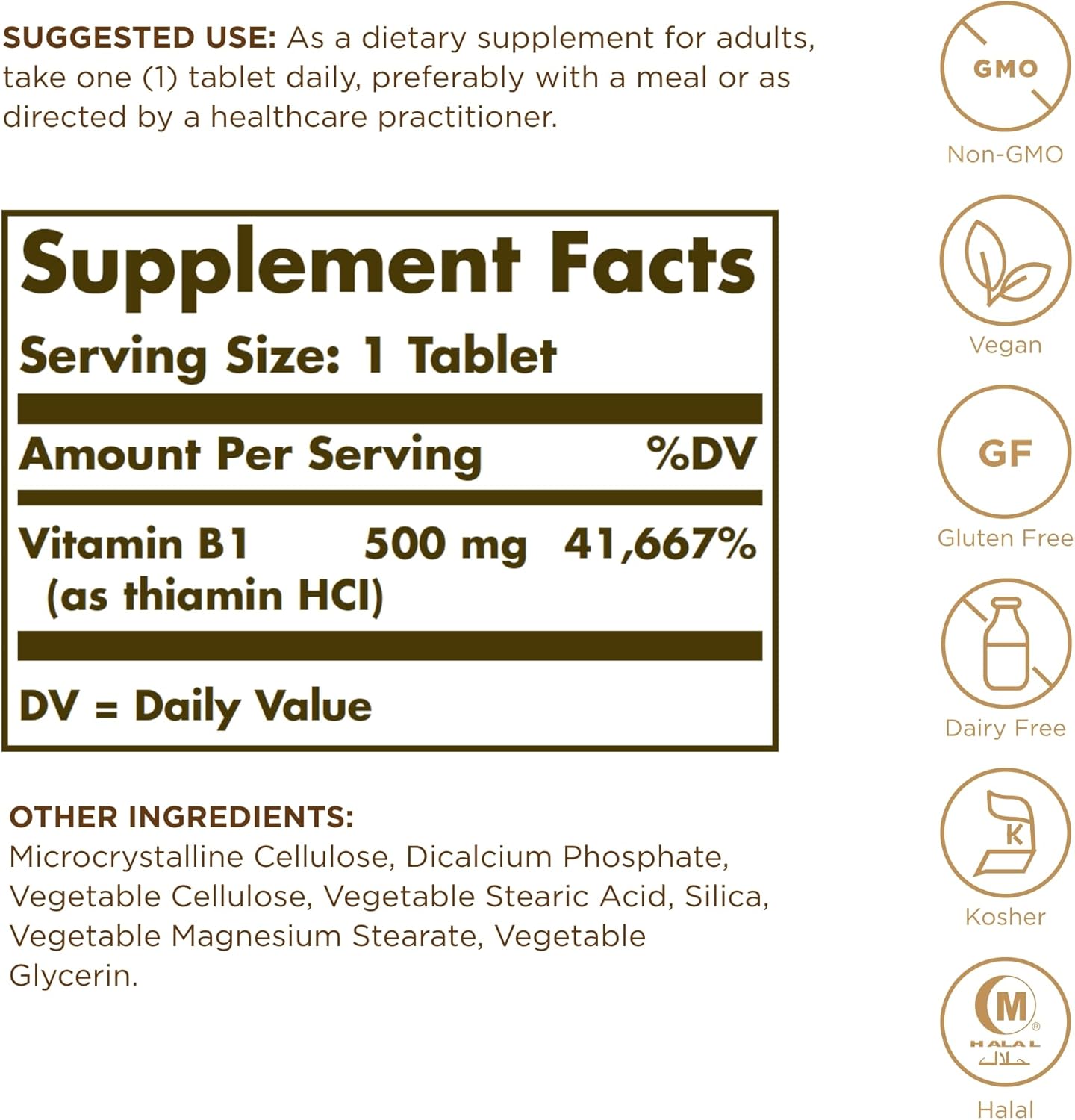 Solgar Vitamin B1 (Thiamin) 500mg - 100 Tablets, High Potency Formula - Non-GMO, Vegan, Gluten Free, Kosher, Halal - 100 Servings
