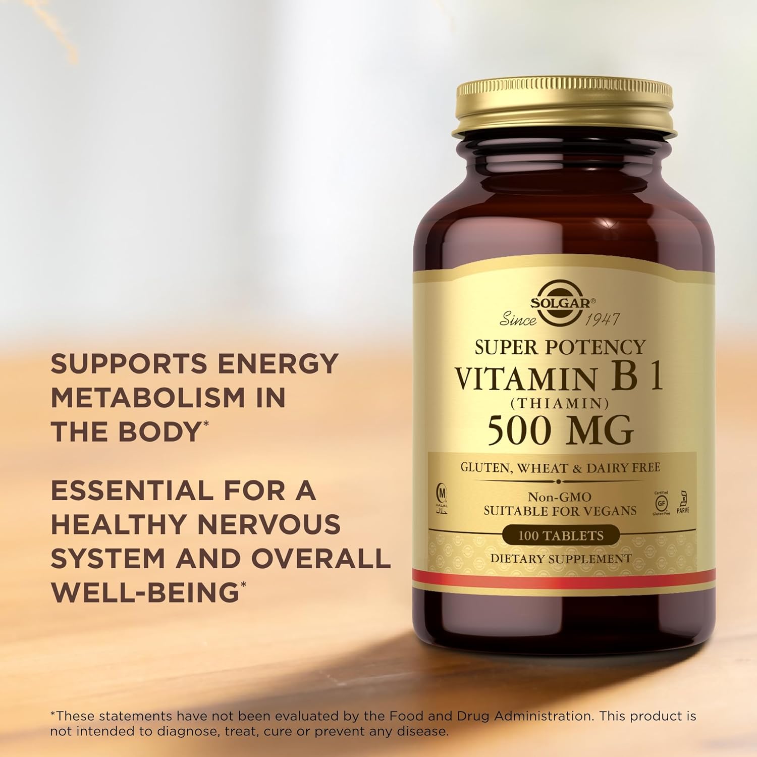 Solgar Vitamin B1 (Thiamin) 500mg - 100 Tablets, High Potency Formula - Non-GMO, Vegan, Gluten Free, Kosher, Halal - 100 Servings