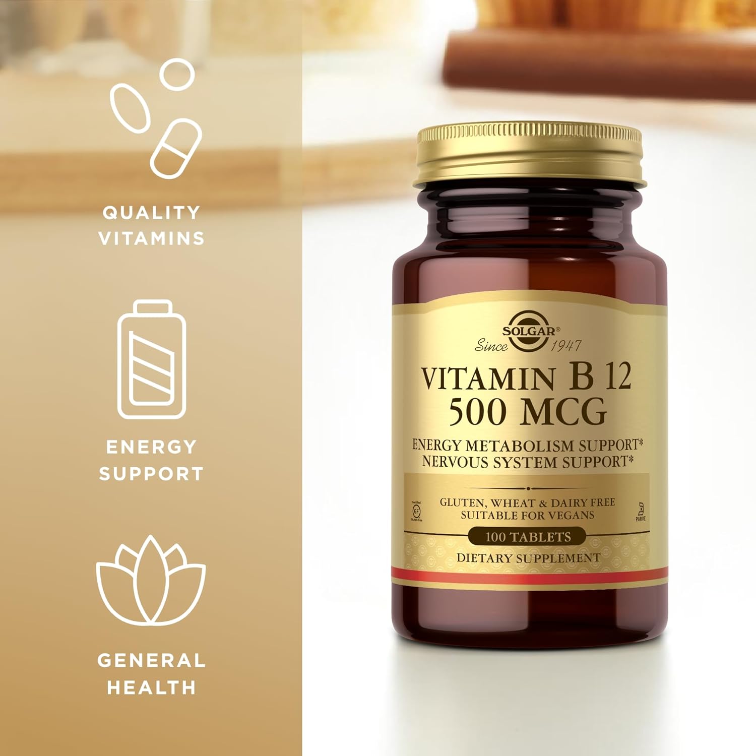 Solgar Vitamin B12 500 mcg Tablets - Vegan, Gluten Free, Dairy Free, Kosher - 100 Servings