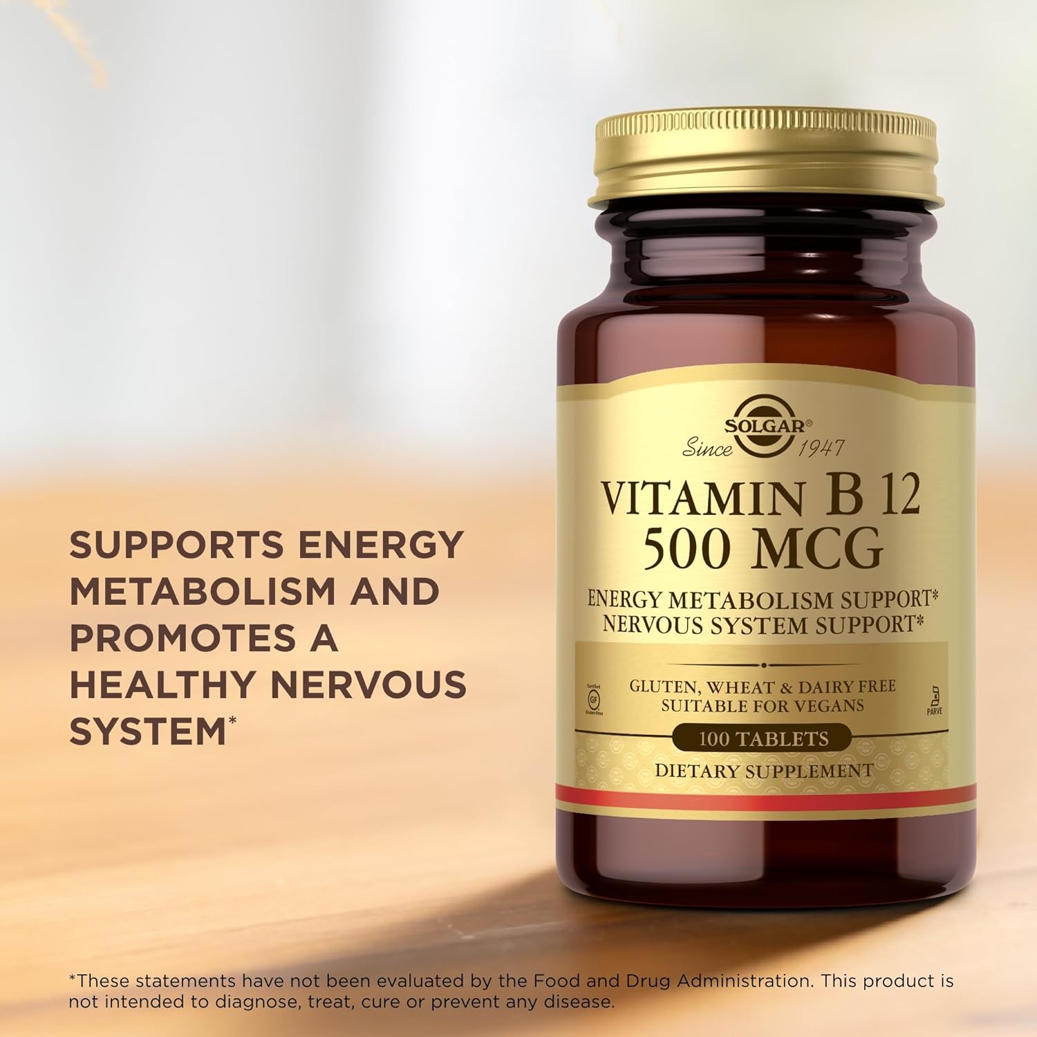 Solgar Vitamin B12 500 mcg Tablets - Vegan, Gluten Free, Dairy Free, Kosher - 100 Servings
