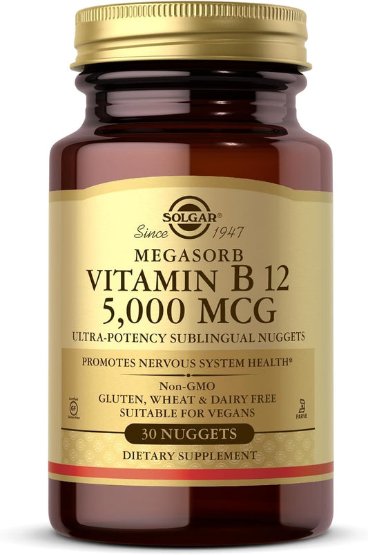 Solgar Vitamin B12 5000 mcg Nuggets - Supports Nervous System - Non-GMO, Vegan, Gluten & Dairy Free - 30 Servings