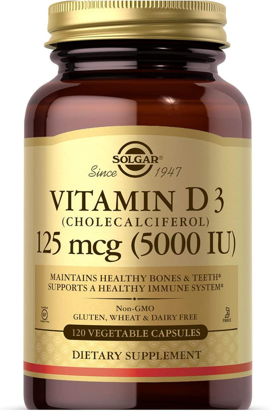 Solgar Vitamin D3 125 Mcg (5000 IU) Capsules - Bone & Teeth Health, Immune Support - Non-GMO, Gluten Free, Dairy Free - 120 Servings