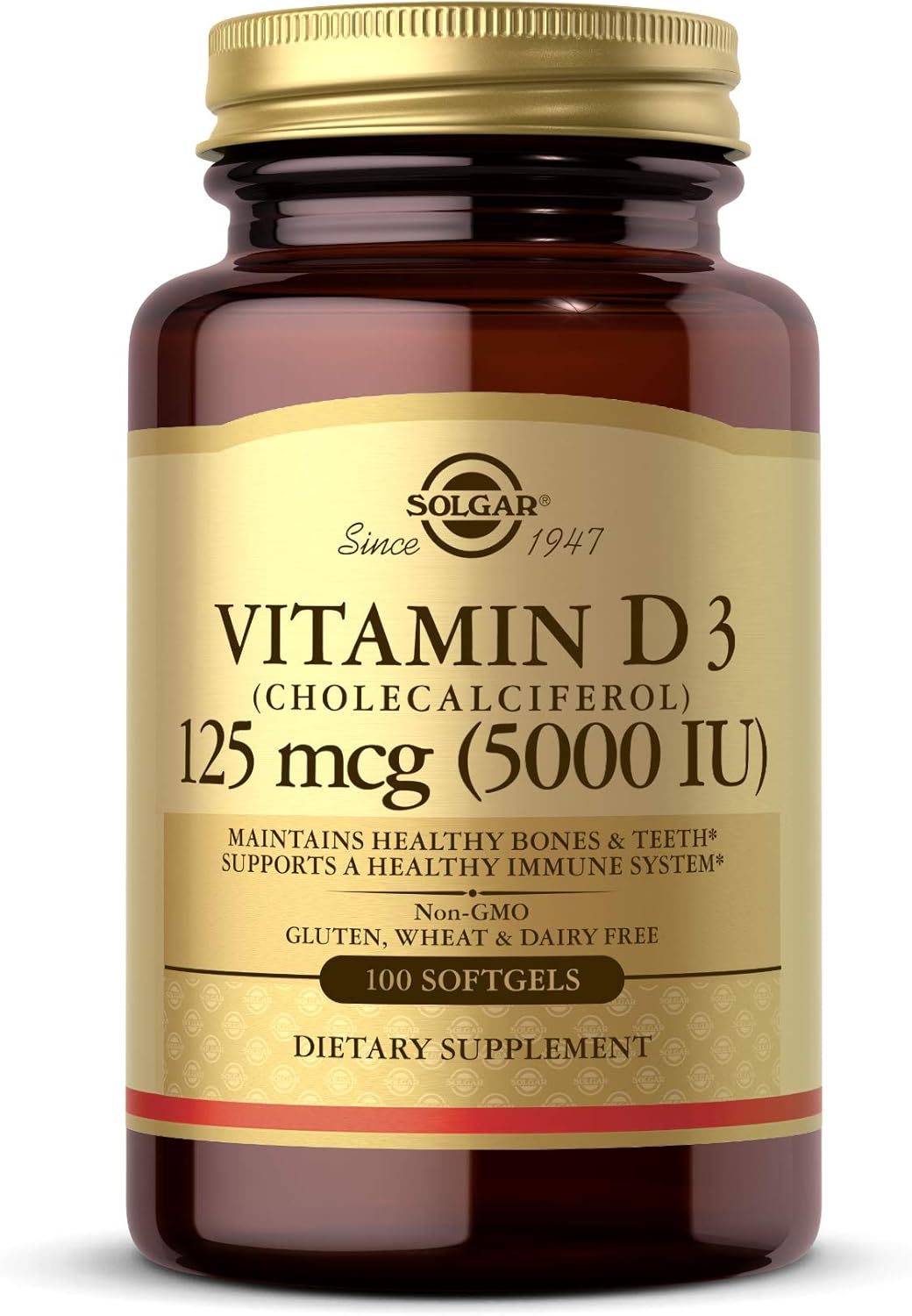 Solgar Vitamin D3 5000 IU Softgels - Bone & Teeth Health, Immune Support - Non-GMO, Gluten & Dairy Free - 100 Servings