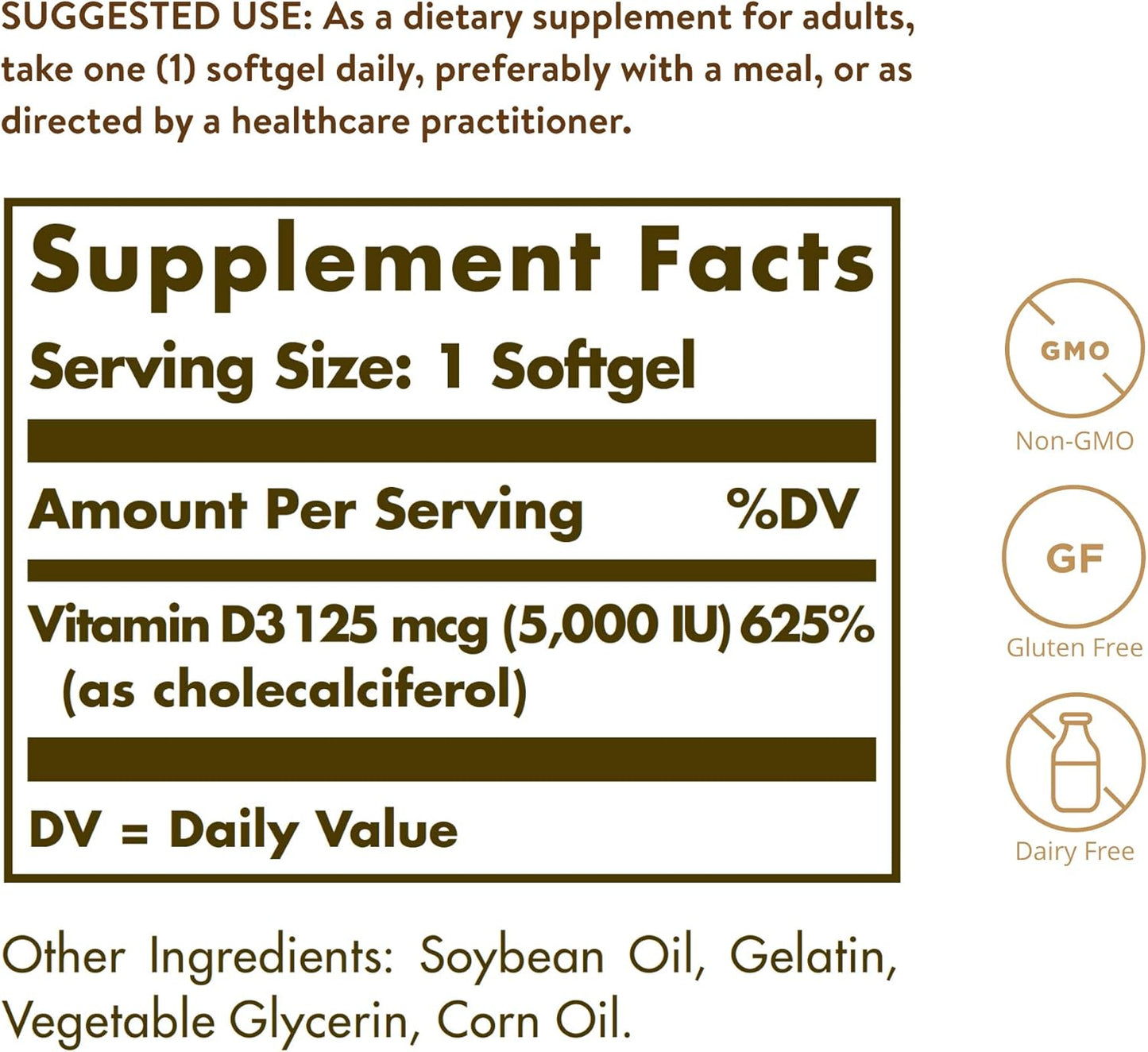 Solgar Vitamin D3 5000 IU Softgels - Bone & Teeth Health, Immune Support - Non-GMO, Gluten & Dairy Free - 100 Servings