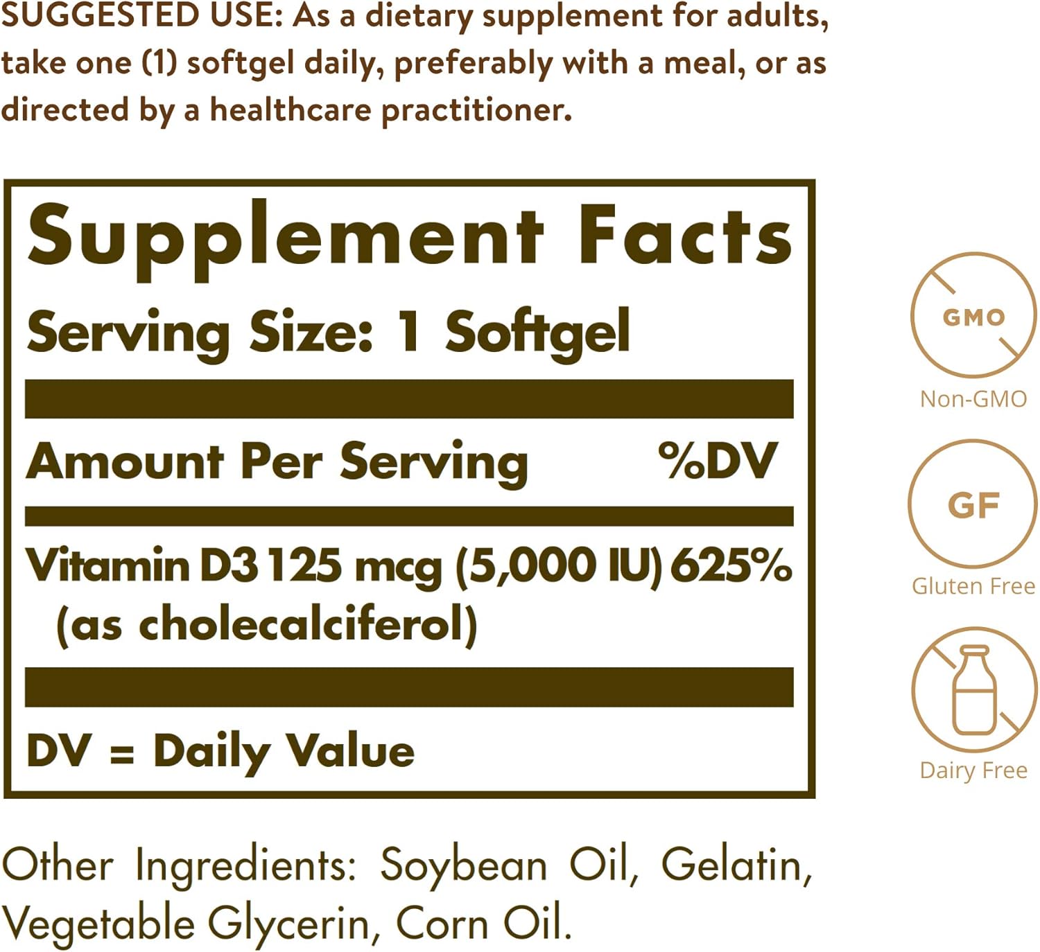 Solgar Vitamin D3 5000 IU Softgels - Bone & Teeth Health, Immune Support - Non-GMO, Gluten & Dairy Free - 100 Servings