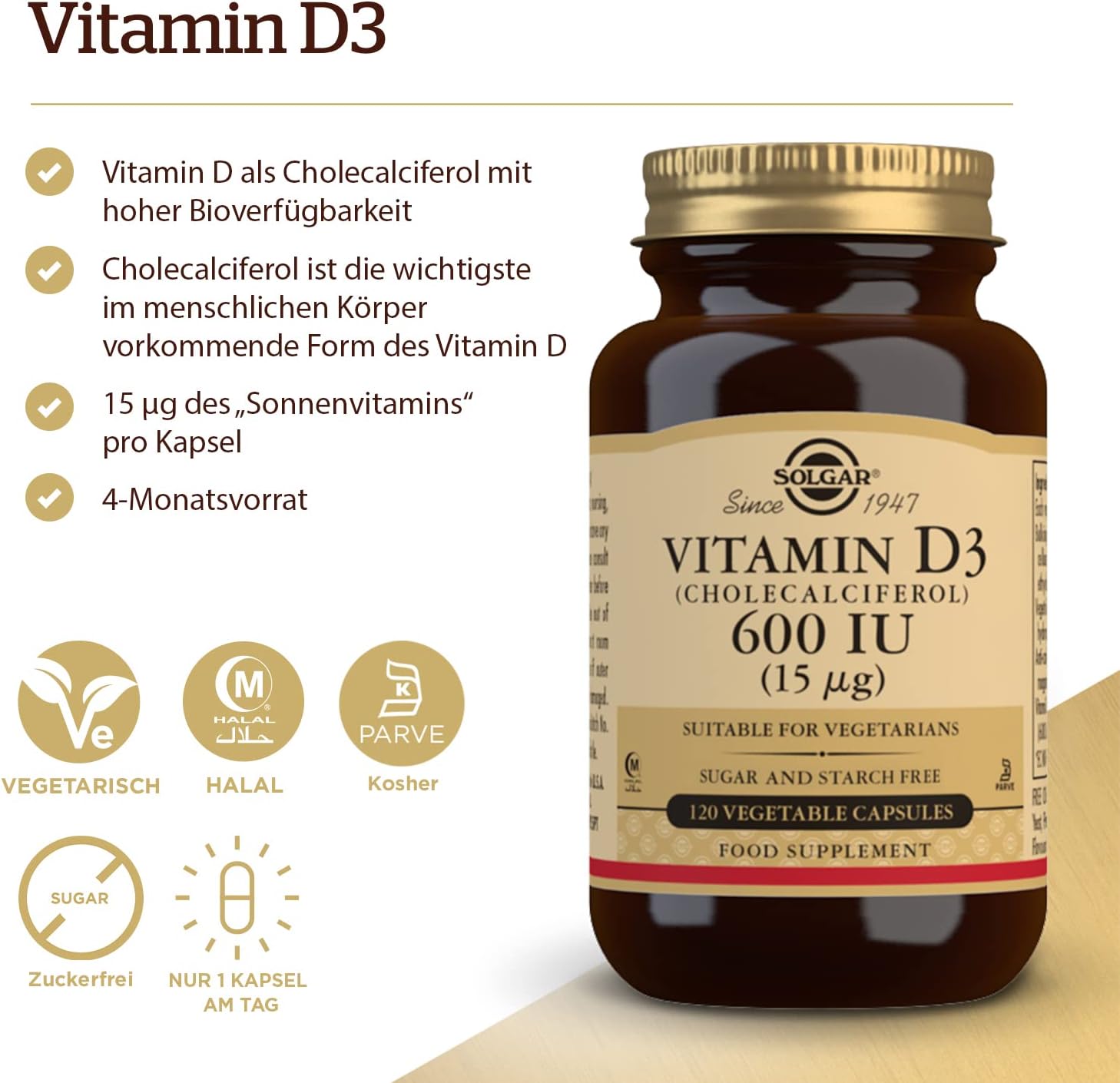 Solgar Vitamin D3 Capsules 15mcg (600IU) for Bone & Tooth Health - Immune Boost - Non-GMO, Gluten-Free, Dairy-Free - 120 Servings - BoostGo Australia