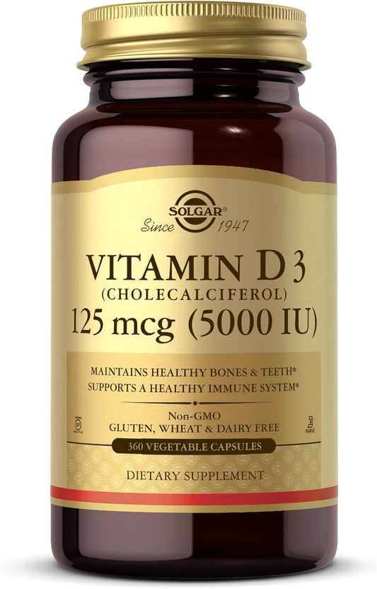 Solgar Vitamin D3 Cholecalciferol 125 mcg 5000 IU Vegetable Capsules for Bone, Teeth, and Immune Health - 360 Count