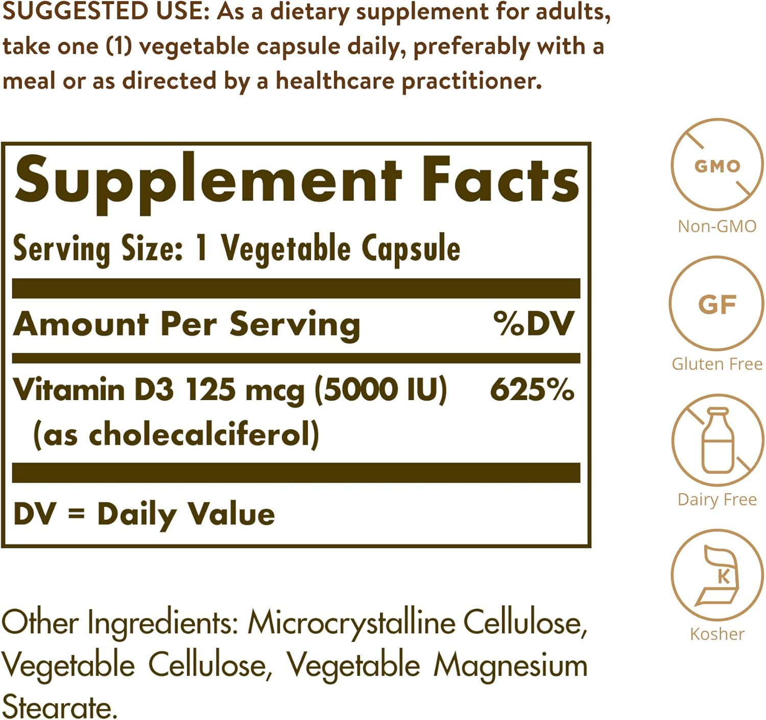 Solgar Vitamin D3 Cholecalciferol 125 mcg 5000 IU Vegetable Capsules for Bone, Teeth, and Immune Health - 360 Count