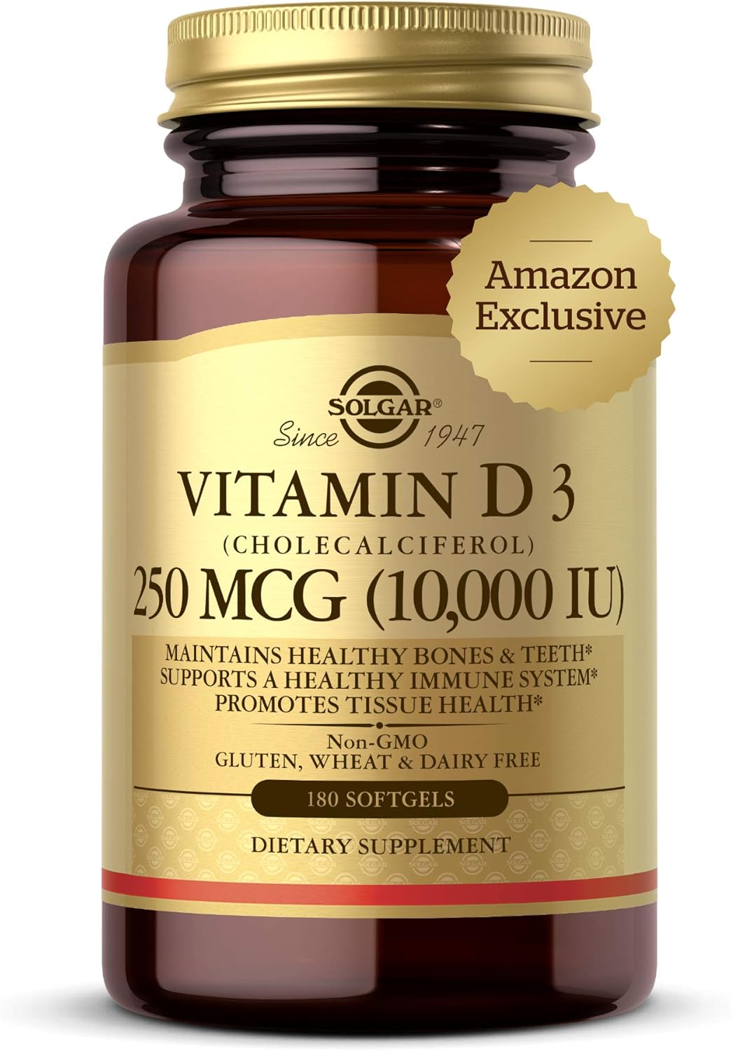 Solgar Vitamin D3 Cholecalciferol 250 MCG 10000 IU Softgels - Bone, Teeth, Immune Support - Non GMO, Gluten & Dairy Free - 180 Servings