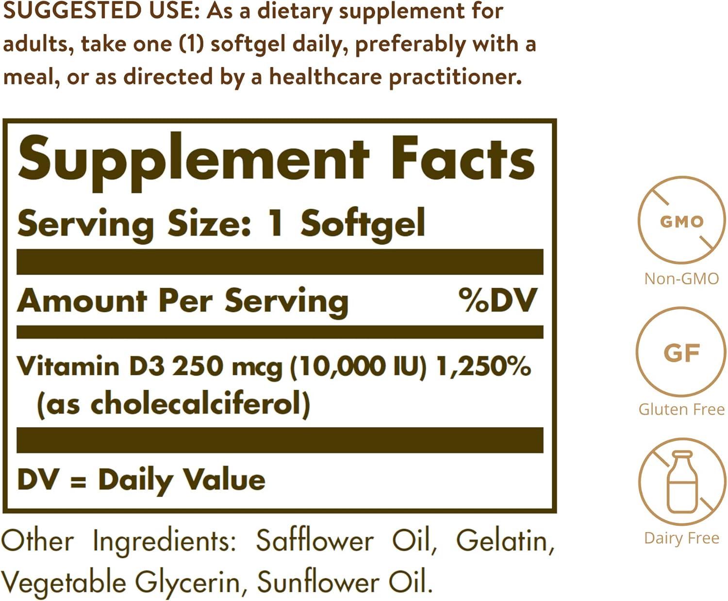 Solgar Vitamin D3 Cholecalciferol 250 MCG 10000 IU Softgels - Bone, Teeth, Immune Support - Non GMO, Gluten & Dairy Free - 180 Servings