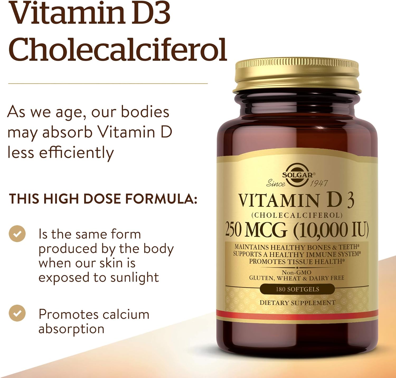 Solgar Vitamin D3 Cholecalciferol 250 MCG 10000 IU Softgels - Bone, Teeth, Immune Support - Non GMO, Gluten & Dairy Free - 180 Servings