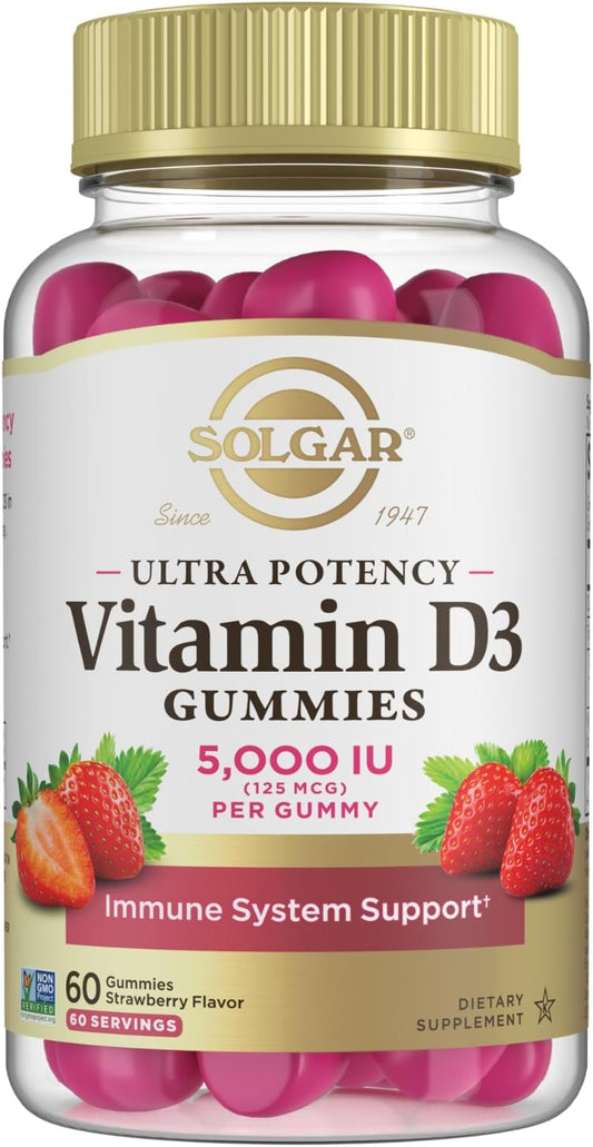 Solgar Vitamin D3 Gummies 5000IU for Adults - Immune System Support - Strawberry Flavor - Gluten & Gelatin Free - 2 Month Supply - BoostGo Australia