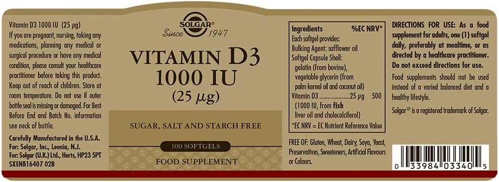 Solgar Vitamin D3 Softgels - 25 mcg (1000 IU) for Healthy Bones & Immune Support - Non-GMO, Gluten Free - 100 Servings
