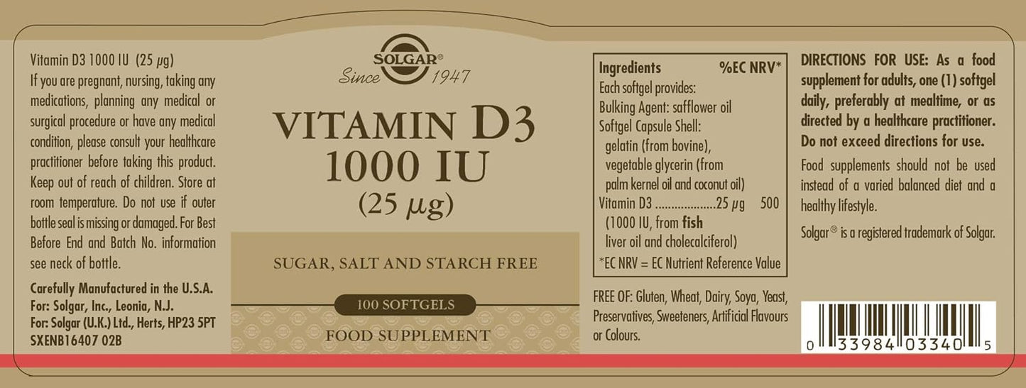 Solgar Vitamin D3 Softgels - 25 mcg (1000 IU) for Healthy Bones & Immune Support - Non-GMO, Gluten Free - 100 Servings